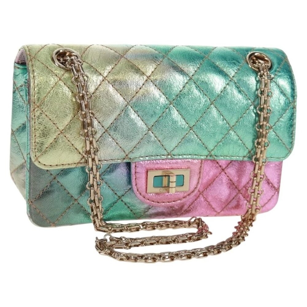 CHANEL 2.55 Matelasse 20 Chain Bag Leather Multicolor Gold CC Auth 160885SAM